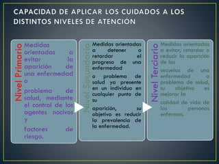 NivelPrimario
Medidas
orientadas a
evitar la
aparición de
una enfermedad
o
problema de
salud, mediante
el control de los
agentes nocivos
y
factores de
riesgo.
NivelSecundario
Medidas orientadas
a detener o
retardar el
progreso de una
enfermedad
o problema de
salud ya presente
en un individuo en
cualquier punto de
su
aparición, su
objetivo es reducir
la prevalencia de
la enfermedad.
NivelTerciario
Medidas orientadas
a evitar, retardar o
reducir la aparición
de las
secuelas de una
enfermedad o
problema de salud,
su objetivo es
mejorar la
calidad de vida de
las personas
enfermas.
 