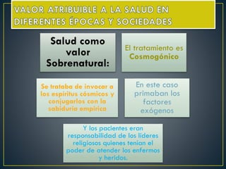 Salud como
valor
Sobrenatural:
El tratamiento es
Cosmogónico
Se trataba de invocar a
los espíritus cósmicos y
conjugarlos con la
sabiduría empírica
En este caso
primaban los
factores
exógenos
Y los pacientes eran
responsabilidad de los líderes
religiosos quienes tenían el
poder de atender los enfermos
y heridos.
 