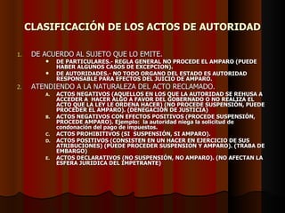 CLASIFICACIÓN DE LOS ACTOS DE AUTORIDAD DE ACUERDO AL SUJETO QUE LO EMITE. DE PARTICULARES.- REGLA GENERAL NO PROCEDE EL AMPARO (PUEDE HABER ALGUNOS CASOS DE EXCEPCION). DE AUTORIDADES.- NO TODO ORGANO DEL ESTADO ES AUTORIDAD RESPONSABLE PARA EFECTOS DEL JUICIO DE AMPARO. ATENDIENDO A LA NATURALEZA DEL ACTO RECLAMADO. ACTOS NEGATIVOS (AQUELLOS EN LOS QUE LA AUTORIDAD SE REHUSA A ACCEDER A  HACER ALGO A FAVOR DEL GOBERNADO O NO REALIZA EL ACTO QUE LA LEY LE ORDENA HACER) (NO PROCEDE SUSPENSIÓN, PUEDE PROCEDER EL AMPARO). (DENEGACION DE JUSTICIA) ACTOS NEGATIVOS CON EFECTOS POSITIVOS (PROCEDE SUSPENSIÓN, PROCEDE AMPARO). Ejemplo:  la autoridad niega la solicitud de condonación del pago de impuestos. ACTOS PROHIBITIVOS (SI  SUSPENSIÓN, SI AMPARO). ACTOS POSITIVOS (CONSISTEN EN UN HACER EN EJERCICIO DE SUS ATRIBUCIONES) (PUEDE PROCEDER SUSPENSION Y AMPARO). (TRABA DE EMBARGO) ACTOS DECLARATIVOS (NO SUSPENSIÓN, NO AMPARO). (NO AFECTAN LA ESFERA JURIDICA DEL IMPETRANTE) 
