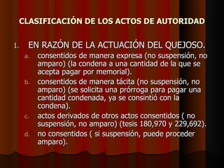 CLASIFICACIÓN DE LOS ACTOS DE AUTORIDAD EN RAZÓN DE LA ACTUACIÓN DEL QUEJOSO. consentidos de manera expresa (no suspensión, no amparo) (la condena a una cantidad de la que se acepta pagar por memorial). consentidos de manera tácita (no suspensión, no amparo) (se solicita una prórroga para pagar una cantidad condenada, ya se consintió con la condena). actos derivados de otros actos consentidos ( no suspensión, no amparo) (tesis 180,970 y 229,692). no consentidos ( si suspensión, puede proceder amparo). 