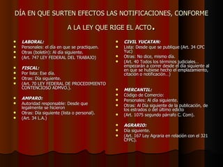 DÍA EN QUE SURTEN EFECTOS LAS NOTIFICACIONES, CONFORME A LA LEY QUE RIGE EL ACTO . LABORAL:  Personales: el día en que se practiquen. Otras (boletín): Al día siguiente. (Art. 747 LEY FEDERAL DEL TRABAJO) FISCAL: Por lista: Ese día. Otras: Día siguiente. (Art. 70 LEY FEDERAL DE PROCEDIMIENTO CONTENCIOSO ADMVO.). AMPARO: Autoridad responsable: Desde que legalmente se hicieron Otras: Día siguiente (lista o personal). (Art. 34 L.A.) CIVIL YUCATAN: Lista: Desde que se publique (Art. 34 CPC Yuc) Otras: No dice, mismo día.  (Art. 40  Todos los términos judiciales… empezarán a correr desde el día siguiente al en que se hubiese hecho el emplazamiento, citación o notificación…)   MERCANTIL: Código de Comercio: Personales: Al día siguiente. Otras: Al Día siguiente de la publicación, de los estrados o del último edicto  (Art. 1075 segundo párrafo C. Com). AGRARIO: Día siguiente. (Art. 167 Ley Agraria en relación con el 321 CFPC). 