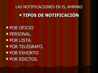 LAS NOTIFICACIONES EN EL AMPARO TIPOS DE NOTIFICACIÓN POR OFICIO PERSONAL. POR LISTA. POR TELÉGRAFO. POR EXHORTO POR EDICTOS. 