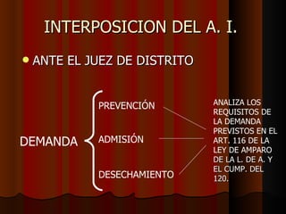 INTERPOSICION DEL A. I.  ANTE EL JUEZ DE DISTRITO DEMANDA PREVENCIÓN ADMISIÓN DESECHAMIENTO ANALIZA LOS REQUISITOS DE LA DEMANDA PREVISTOS EN EL ART. 116 DE LA LEY DE AMPARO  DE LA L. DE A. Y EL CUMP. DEL 120.   