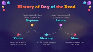 History of Day of the Dead
Venus
Venus is the second
planet from the Sun
Saturn
Saturn is composed of
hydrogen and helium
Mercury
It’s the closest planet to
the Sun
Neptune
Neptune is the farthest
planet from the Sun
Mars
Mars is actually a very
cold place
 