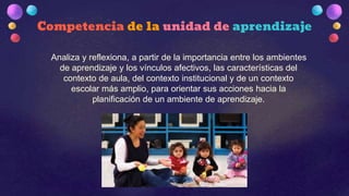 Competencia de la unidad de aprendizaje
Analiza y reflexiona, a partir de la importancia entre los ambientes
de aprendizaje y los vínculos afectivos, las características del
contexto de aula, del contexto institucional y de un contexto
escolar más amplio, para orientar sus acciones hacia la
planificación de un ambiente de aprendizaje.
 