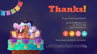 CREDITS: This presentation template was created by Slidesgo,
including icons by Flaticon and infographics & images by Freepik
Thanks!
Do you have any questions?
youremail@freepik.com
+91 620 421 838
yourcompany.com
Please keep this slide for attribution
 