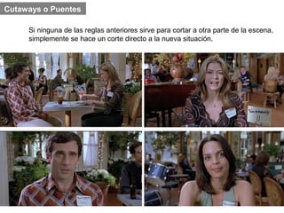 Cutaways o Puentes

     Si ninguna de las reglas anteriores sirve para cortar a otra parte de la escena,
     simplemente se hace un corte directo a la nueva situación.
 