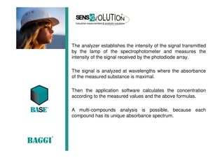 The analyzer establishes the intensity of the signal transmitted
by the lamp of the spectrophotometer and measures the
intensity of the signal received by the photodiode array.
The signal is analyzed at wavelengths where the absorbance
of the measured substance is maximal.
Then the application software calculates the concentration
according to the measured values and the above formulas.
A multi-compounds analysis is possible, because each
compound has its unique absorbance spectrum.
 