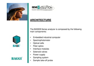 ARCHITECTURE
The BASE® Series analyzer is composed by the following
main components:
• Embedded industrial computer
• Spectrophotometer
• Optical cells
• Fiber optics
• Interface modules
• Solenoid valves
• Power supply
• Sampling system
• Sample take-off probe
 