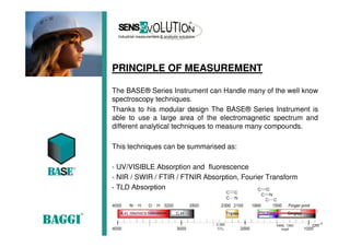 PRINCIPLE OF MEASUREMENT
The BASE® Series Instrument can Handle many of the well know
spectroscopy techniques.
Thanks to his modular design The BASE® Series Instrument is
able to use a large area of the electromagnetic spectrum and
different analytical techniques to measure many compounds.
This techniques can be summarised as:
- UV/VISIBLE Absorption and fluorescence
- NIR / SWIR / FTIR / FTNIR Absorption, Fourier Transform
- TLD Absorption
 