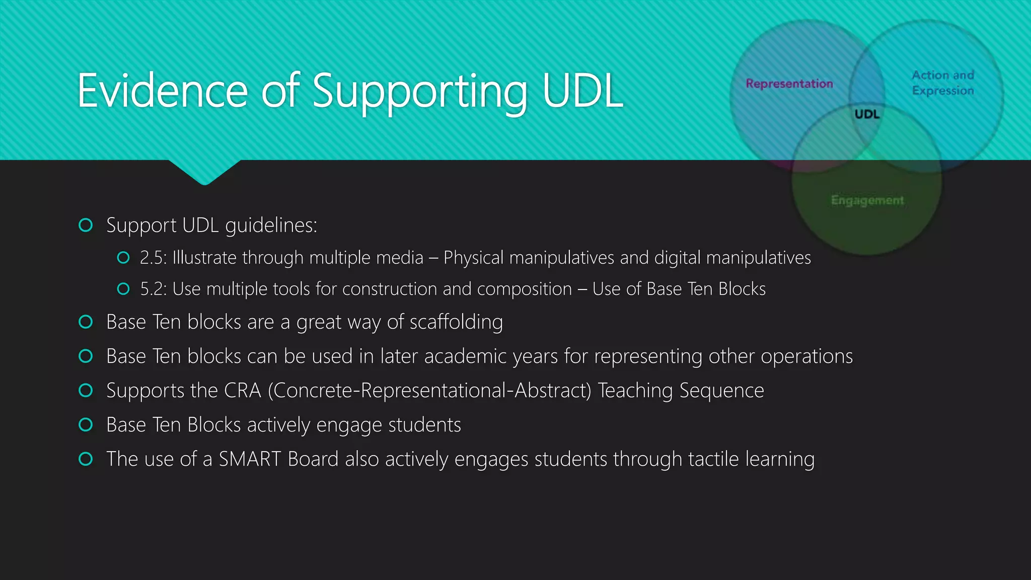 Evidence of Supporting UDL
Support UDL guidelines:
2.5: Illustrate through multiple media – Physical manipulatives and digital manipulatives
5.2: Use multiple tools for construction and composition – Use of Base Ten Blocks
Base Ten blocks are a great way of scaffolding
Base Ten blocks can be used in later academic years for representing other operations
Supports the CRA (Concrete-Representational-Abstract) Teaching Sequence
Base Ten Blocks actively engage students
The use of a SMART Board also actively engages students through tactile learning