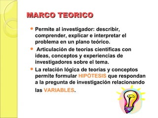 MARCO TEORICOMARCO TEORICO
 Permite al investigador: describir,
comprender, explicar e interpretar el
problema en un plano teórico.
 Articulación de teorías científicas con
ideas, conceptos y experiencias de
investigadores sobre el tema.
 La relación lógica de teorías y conceptos
permite formular HIPÓTESIS que respondan
a la pregunta de investigación relacionando
las VARIABLES.
 