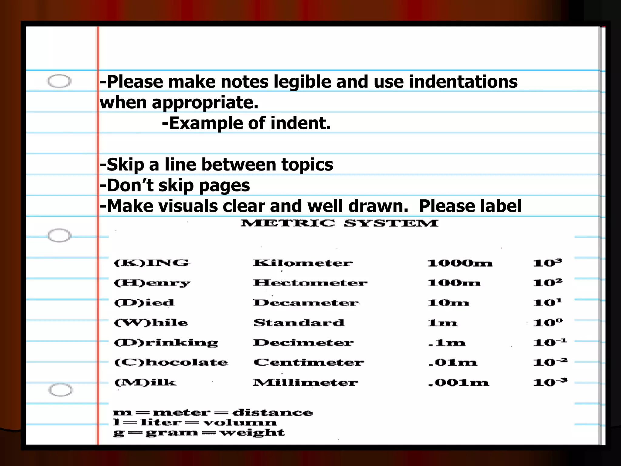 -Please make notes legible and use indentations
when appropriate.
-Example of indent.
-Skip a line between topics
-Don’t skip pages
-Make visuals clear and well drawn. Please label
 