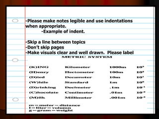 -Please make notes legible and use indentations
when appropriate.
-Example of indent.
-Skip a line between topics
-Don’t skip pages
-Make visuals clear and well drawn. Please label
 
