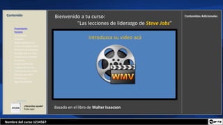 Nombre del curso 1234567
Contenido
AYUDA
¿Necesitas ayuda?
Pulsa aquí
Contenidos Adicionales
Introduzca su video acá
Bienvenido a tu curso:
“Las lecciones de liderazgo de Steve Jobs”
Basado en el libro de Walter Isaacson
• Presentación
• Temario
• Concéntrate
• Simplifica
• Responsabilízate de…
• Cuando te quedes atrás …
• Piensa en los productos…
• No dejes que los Focus …
• Distorsiona la realidad
• Transmite
• Exige la perfección
• Trabaja solo con los …
• Fomenta el cara a cara
• Mantén una visión …
• Combina las …
• Sigue hambriento
 