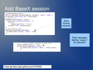 Add BaseX session

                                           Echo
                                          Events
                                         received




                                                    Pass messages
                                                    Starting “xquery “
                                                      for execution




Code @ https://gist.github.com/4707605
 
