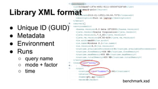 Library XML format
● Unique ID (GUID)
● Metadata
● Environment
● Runs
○ query name
○ mode + factor
○ time
benchmark.xsd
 