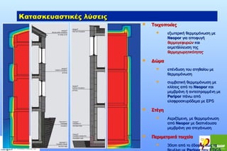 Κατασκευαστικές λύσεις


Τοιχοποιίες




εξωτερική θερμομόνωση με
Νeopor για αποφυγή
θερμογεφυρών και
εκμετάλλευση της
θερμοχωρητικότητας

Δώμα






επένδυση του στηθαίου με
θερμομόνωση
συμβατική θερμομόνωση με
κλίσεις από το Νeopor και
μεμβράνη ή αντεστραμμένη με
Peripor πάνω από
ελαφροσκυρόδεμα με EPS

Στέγη




Αεριζόμενη, με θερμομόνωση
από Neopor με διαπνέουσα
μεμβράνη για στεγάνωση

Περιμετρικά τοιχεία


30cm από το έδαφος έως τα

 