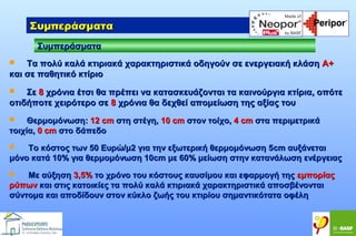 Συμπεράσματα
Συμπεράσματα
Τα πολύ καλά κτιριακά χαρακτηριστικά οδηγούν σε ενεργειακή κλάση Α+
και σε παθητικό κτίριο


Σε 8 χρόνια έτσι θα πρέπει να κατασκευάζονται τα καινούργια κτίρια, οπότε
οτιδήποτε χειρότερο σε 8 χρόνια θα δεχθεί απομείωση της αξίας του


Θερμομόνωση: 12 cm στη στέγη, 10 cm στον τοίχο, 4 cm στα περιμετρικά
τοιχία, 0 cm στο δάπεδο


To κόστος των 50 Ευρώ/μ2 για την εξωτερική θερμομόνωση 5cm αυξάνεται
μόνο κατά 10% για θερμομόνωση 10cm με 60% μείωση στην κατανάλωση ενέργειας


Με αύξηση 3,5% το χρόνο του κόστους καυσίμου και εφαρμογή της εμπορίας
ρύπων και στις κατοικίες τα πολύ καλά κτιριακά χαρακτηριστικά αποσβένονται
σύντομα και αποδίδουν στον κύκλο ζωής του κτιρίου σημαντικότατα οφέλη


 