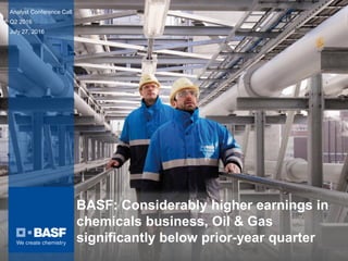 150 years
BASF: Considerably higher earnings in
chemicals business, Oil & Gas
significantly below prior-year quarter
Analyst Conference Call
Q2 2016
July 27, 2016
 