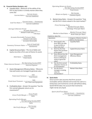  
𝐴𝑐𝑐𝑜𝑢𝑛𝑡𝑠  𝑅𝑒𝑐𝑒𝑖𝑣𝑎𝑏𝑙𝑒  𝑇𝑢𝑟𝑛𝑜𝑣𝑒𝑟  𝑅𝑎𝑡𝑖𝑜  
=
𝐴𝑛𝑛𝑢𝑎𝑙  𝐶𝑟𝑒𝑑𝑖𝑡  𝑆𝑎𝑙𝑒𝑠
𝐴𝑐𝑐𝑜𝑢𝑛𝑡𝑠  𝑅𝑒𝑐𝑖𝑒𝑣𝑎𝑏𝑙𝑒
	
  
	
  
𝐼𝑛𝑣𝑒𝑛𝑡𝑜𝑟𝑦  𝑇𝑢𝑟𝑛𝑜𝑣𝑒𝑟  𝑅𝑎𝑡𝑖𝑜   =
𝐶𝑜𝑠𝑡  𝑜𝑓  𝐺𝑜𝑜𝑑  𝑆𝑜𝑙𝑑
𝐼𝑛𝑣𝑒𝑛𝑡𝑜𝑟𝑖𝑒𝑠
	
  
	
  
B. Capital	
  Structure	
  Ratio	
  –	
  The	
  mix	
  of	
  debts	
  and	
  equity	
  
securities	
  a	
  firm	
  uses	
  to	
  finance	
  its	
  assets	
  
	
  
𝐷𝑒𝑏𝑡  𝑅𝑎𝑡𝑖𝑜   =
𝑇𝑜𝑡𝑎𝑙  𝐷𝑒𝑏𝑡
𝑇𝑜𝑡𝑎𝑙  𝐴𝑠𝑠𝑒𝑡𝑠
	
  
	
  
	
  
𝑇𝑖𝑚𝑒𝑠  𝐼𝑛𝑡𝑒𝑟𝑒𝑠𝑡  𝐸𝑎𝑟𝑛𝑒𝑑   =
𝑁𝑒𝑡  𝑂𝑝𝑒𝑟𝑎𝑡𝑖𝑛𝑔  𝐼𝑛𝑐𝑜𝑚𝑒/𝐸𝐵𝐼𝑇
𝐼𝑛𝑡𝑒𝑟𝑒𝑠𝑡  𝐸𝑥𝑝𝑒𝑛𝑠𝑒
	
  
	
  
C. Assets	
  Management	
  Efficiency	
  Ratios	
  –	
  Measures	
  how	
  
well	
  assets	
  are	
  managed	
  to	
  generate	
  sales	
  
	
  
𝑇𝑜𝑡𝑎𝑙  𝐴𝑠𝑠𝑒𝑡  𝑇𝑢𝑟𝑛𝑜𝑣𝑒𝑟   =
𝑆𝑎𝑙𝑒
𝑇𝑜𝑡𝑎𝑙  𝐴𝑠𝑠𝑒𝑡𝑠
	
  
	
  
𝐹𝑖𝑥𝑒𝑑  𝐴𝑠𝑠𝑒𝑡  𝑇𝑢𝑟𝑛𝑜𝑣𝑒𝑟   =
𝑆𝑎𝑙𝑒
𝑁𝑒𝑡  𝑃𝑙𝑎𝑛𝑡  𝑎𝑛𝑑  𝐸𝑞𝑢𝑖𝑝𝑚𝑒𝑛𝑡
	
  
	
  
D. Profitability	
  Ratio	
  –	
  Answer	
  the	
  question	
  “has	
  the	
  firm	
  
earned	
  adequate	
  returns	
  on	
  its	
  investments?”	
  
	
  
𝐺𝑟𝑜𝑠𝑠  𝑃𝑟𝑜𝑓𝑖𝑡  𝑀𝑎𝑟𝑔𝑖𝑛   =
𝐺𝑟𝑜𝑠𝑠  𝑃𝑟𝑜𝑓𝑖𝑡
𝑆𝑎𝑙𝑒𝑠
	
  
	
  
𝑂𝑝𝑒𝑟𝑎𝑡𝑖𝑛𝑔  𝑃𝑟𝑜𝑓𝑖𝑡  𝑀𝑎𝑟𝑔𝑖𝑛  
=
𝑁𝑒𝑡  𝑂𝑝𝑒𝑟𝑎𝑡𝑖𝑛𝑔  𝐼𝑛𝑐𝑜𝑚𝑒/𝐸𝐵𝐼𝑇
𝑆𝑎𝑙𝑒𝑠
	
  
	
  
𝑁𝑒𝑡  𝑃𝑟𝑜𝑓𝑖𝑡  𝑀𝑎𝑟𝑔𝑖𝑛   =
𝑁𝑒𝑡  𝐼𝑛𝑐𝑜𝑚𝑒
𝑆𝑎𝑙𝑒𝑠
	
  
	
  
𝑂𝑝𝑒𝑟𝑎𝑡𝑖𝑛𝑔  𝑅𝑒𝑡𝑢𝑟𝑛  𝑜𝑛  𝐴𝑠𝑠𝑒𝑡𝑠  
=
𝑁𝑒𝑡  𝑂𝑝𝑒𝑟𝑎𝑡𝑖𝑛𝑔  𝐼𝑛𝑐𝑜𝑚𝑒/𝐸𝐵𝐼𝑇
𝑇𝑜𝑡𝑎𝑙  𝐴𝑠𝑠𝑒𝑡𝑠
	
  
	
  
𝑅𝑒𝑡𝑢𝑟𝑛  𝑜𝑛  𝐸𝑞𝑢𝑖𝑡𝑦   =
𝑁𝑒𝑡  𝐼𝑛𝑐𝑜𝑚𝑒
𝐶𝑜𝑚𝑚𝑜𝑛  𝐸𝑞𝑢𝑖𝑡𝑦
	
  
	
  
E. Market	
  Value	
  Ratio	
  –	
  Answers	
  the	
  question	
  “how	
  are	
  
the	
  firm’s	
  shares	
  valued	
  in	
  the	
  stock	
  market?”	
  
	
  
𝑃𝑟𝑖𝑐𝑒/  𝐸𝑎𝑟𝑛𝑖𝑛𝑔𝑠  𝑅𝑎𝑡𝑖𝑜  
=
𝑀𝑎𝑟𝑘𝑒𝑡  𝑃𝑟𝑖𝑐𝑒  𝑝𝑒𝑟  𝑆ℎ𝑎𝑟𝑒
𝐸𝑎𝑟𝑛𝑖𝑛𝑔𝑠    𝑃𝑟𝑖𝑐𝑒  𝑝𝑒𝑟  𝑆ℎ𝑎𝑟𝑒
	
  
	
  
𝑀𝑎𝑟𝑘𝑒𝑡  𝑡𝑜  𝐵𝑜𝑜𝑘  𝑅𝑎𝑡𝑖𝑜   =
𝑀𝑎𝑟𝑘𝑒𝑡  𝑃𝑟 𝑐𝑒  𝑝𝑒𝑟  𝑆ℎ𝑎𝑟𝑒
𝐵𝑜𝑜𝑘  𝑉𝑎𝑙𝑢𝑒  𝑝𝑒𝑟  𝑆ℎ𝑎𝑟𝑒
	
  
FINANCIAL	
  ANALYSIS	
  
Questions:	
   Category	
  of	
  Ration	
  Used	
  to	
  
Address	
  the	
  Questions	
  
1. How	
  liquid	
  is	
  the	
  
firm?	
  Will	
  it	
  be	
  able	
  to	
  
pay	
  its	
  bills	
  as	
  they	
  
come	
  due?	
  
Liquidity	
  Ratio	
  
2. How	
  has	
  the	
  firm	
  
finance	
  the	
  purchase	
  
of	
  its	
  assets?	
  
Capital	
  Structure	
  Ratio	
  
3. How	
  efficient	
  has	
  the	
  
firm’s	
  management	
  
been	
  in	
  utilizing	
  its	
  
assets	
  to	
  generate	
  
sales?	
  
Asset	
  Management	
  
Efficiency	
  Ratios	
  
4. Has	
  the	
  firm	
  earned	
  
adequate	
  returns	
  on	
  
its	
  investments?	
  
Profitability	
  Ratio	
  
5. Are	
  the	
  firm’s	
  
managers	
  creating	
  
value	
  for	
  
shareholders?	
  
Market	
  Value	
  Ratio	
  
	
  
IV. Quick	
  Ratio	
  
Since	
  Current	
  ratio	
  assumes	
  that	
  firms	
  account	
  receivables	
  
will	
  be	
  collected	
  and	
  turned	
  into	
  cash	
  on	
  a	
  timely	
  basis	
  and	
  
inventories	
  can	
  be	
  sold	
  without	
  delay,	
  QUICK	
  RATIO	
  takes	
  
into	
  account	
  that	
  inventories	
  might	
  not	
  be	
  very	
  liquid.	
  	
  
	
  
𝑄𝑢𝑖𝑐𝑘  (𝐴𝑐𝑖𝑑  𝑇𝑒𝑠𝑡)  𝑅𝑎𝑡𝑖𝑜
=
𝐶𝑢𝑟𝑟𝑒𝑛𝑡  𝐴𝑠𝑠𝑒𝑡𝑠   − 𝐼𝑛𝑣𝑒𝑛𝑡𝑜𝑟𝑖𝑒𝑠
𝐶𝑢𝑟𝑟𝑒𝑛𝑡  𝐿𝑖𝑎𝑏𝑖𝑙𝑖𝑡𝑖𝑒𝑠
	
  
V. Cash	
  outflows	
  
	
  
STATEMENT	
  OF	
  CASH	
  FLOW	
  
Ending	
  cash	
  balance	
  of	
  2009	
  
(beginning	
  balance	
  of	
  2010	
  
	
   	
   $94.50	
  
A)	
  Operating	
  Activities	
   	
   	
   	
  
Net	
  Income	
   $204.75	
   	
   	
  
Increase	
  in	
  accounts	
  receivables	
   (22.50)	
   	
   	
  
Increase	
  in	
  inventories	
   (148.50)	
   	
   	
  
No	
  change	
  in	
  other	
  current	
  
assets	
  
-­‐	
   	
   	
  
Depreciation	
  expense	
   135.00	
   	
   	
  
Increase	
  in	
  Accounts	
  Payable	
   4.50	
   	
   	
  
No	
  Change	
  in	
  accrued	
  expenses	
   -­‐	
   	
   	
  
Cash	
  Flow	
  From	
  Operating	
  
Activities	
  
	
   $173/25	
   	
  
B)	
  Investing	
  activities	
  
Purchase	
  of	
  plant	
  and	
  equipment	
   (175.50)	
   	
   	
  
Cash	
  Flow	
  from	
  Investing	
  
Activates	
  
	
   (175.50)	
   	
  
C)	
  Financing	
  Activities	
  
Increase	
  in	
  short-­‐term	
  notes	
   (9.00)	
   	
   	
  
Increase	
  in	
  long-­‐term	
  notes	
   51.75	
   	
   	
  
Cash	
  Dividends	
  paid	
  to	
  share	
  
holders	
  
($45.00)	
   	
   	
  
Cash	
  Flow	
  from	
  Financing	
  
Activities	
  
	
   ($2.25)	
   	
  
	
   	
   	
   	
  
Increase	
  (decrease)	
  in	
  cash	
  during	
   	
   	
   ($4.50)	
  
 