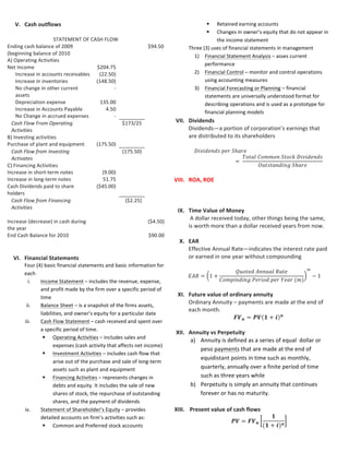 the	
  year	
  
End	
  Cash	
  Balance	
  for	
  2010	
   	
   	
   $90.00	
  
	
  
	
  
VI. Financial	
  Statements	
  
Four	
  (4)	
  basic	
  financial	
  statements	
  and	
  basic	
  information	
  for	
  
each	
  
i. Income	
  Statement	
  –	
  includes	
  the	
  revenue,	
  expense,	
  
and	
  profit	
  made	
  by	
  the	
  firm	
  over	
  a	
  specific	
  period	
  of	
  
time	
  
ii. Balance	
  Sheet	
  –	
  is	
  a	
  snapshot	
  of	
  the	
  firms	
  assets,	
  
liabilities,	
  and	
  owner’s	
  equity	
  for	
  a	
  particular	
  date	
  
iii. Cash	
  Flow	
  Statement	
  –	
  cash	
  received	
  and	
  spent	
  over	
  
a	
  specific	
  period	
  of	
  time.	
  
§ Operating	
  Activities	
  –	
  includes	
  sales	
  and	
  
expenses	
  (cash	
  activity	
  that	
  affects	
  net	
  income)	
  
§ Investment	
  Activities	
  –	
  includes	
  cash	
  flow	
  that	
  
arise	
  out	
  of	
  the	
  purchase	
  and	
  sale	
  of	
  long-­‐term	
  
assets	
  such	
  as	
  plant	
  and	
  equipment	
  
§ Financing	
  Activities	
  –	
  represents	
  changes	
  in	
  
debts	
  and	
  equity.	
  It	
  includes	
  the	
  sale	
  of	
  new	
  
shares	
  of	
  stock,	
  the	
  repurchase	
  of	
  outstanding	
  
shares,	
  and	
  the	
  payment	
  of	
  dividends	
  
iv. Statement	
  of	
  Shareholder’s	
  Equity	
  –	
  provides	
  
detailed	
  accounts	
  on	
  firm’s	
  activities	
  such	
  as:	
  
§ Common	
  and	
  Preferred	
  stock	
  accounts	
  
§ Retained	
  earning	
  accounts	
  
§ Changes	
  in	
  owner’s	
  equity	
  that	
  do	
  not	
  appear	
  in	
  
the	
  income	
  statement	
  
Three	
  (3)	
  uses	
  of	
  financial	
  statements	
  in	
  management	
  
1) Financial	
  Statement	
  Analysis	
  –	
  asses	
  current	
  
performance	
  
2) Financial	
  Control	
  –	
  monitor	
  and	
  control	
  operations	
  
using	
  accounting	
  measures	
  
3) Financial	
  Forecasting	
  or	
  Planning	
  –	
  financial	
  
statements	
  are	
  universally	
  understood	
  format	
  for	
  
describing	
  operations	
  and	
  is	
  used	
  as	
  a	
  prototype	
  for	
  
financial	
  planning	
  models	
  
VII. Dividends	
  
Dividends—a	
  portion	
  of	
  corporation’s	
  earnings	
  that	
  are	
  
distributed	
  to	
  its	
  shareholders	
  
	
  
𝐷𝑖𝑣𝑖𝑑𝑒𝑛𝑑𝑠  𝑝𝑒𝑟  𝑆ℎ𝑎𝑟𝑒
=   
𝑇𝑜𝑡𝑎𝑙  𝐶𝑜𝑚𝑚𝑜𝑛  𝑆𝑡𝑜𝑐𝑘  𝐷𝑖𝑣𝑖𝑑𝑒𝑛𝑑𝑠
𝑂𝑢𝑡𝑠𝑡𝑎𝑛𝑑𝑖𝑛𝑔  𝑆ℎ𝑎𝑟𝑒
	
  
	
  
VIII. ROA,	
  ROE	
  
	
  
𝑅𝑒𝑡𝑢𝑟𝑛  𝑜𝑛  𝐸𝑞𝑢𝑖𝑡𝑦   =
𝑁𝑒𝑡  𝐼𝑛𝑐𝑜𝑚𝑒
𝐶𝑜𝑚𝑚𝑜𝑛  𝐸𝑞𝑢𝑖𝑡𝑦
	
  
	
  
𝑅𝑒𝑡𝑢𝑟𝑛  𝑜𝑛  𝐴𝑠𝑠𝑒𝑡𝑠   =
𝐴𝑣𝑒𝑟𝑎𝑔𝑒  𝑁𝑒𝑡  𝐼𝑛𝑐𝑜𝑚𝑒
𝐴𝑣𝑒𝑟𝑎𝑔𝑒  𝑇𝑜𝑡𝑎𝑙  𝐴𝑠𝑠𝑒𝑡𝑠
	
  
	
  
IX. Time	
  Value	
  of	
  Money	
  
	
  A	
  dollar	
  received	
  today,	
  other	
  things	
  being	
  the	
  same,	
  is	
  
worth	
  more	
  than	
  a	
  dollar	
  received	
  years	
  from	
  now.	
  
	
  	
  
X. EAR	
  
Effective	
  Annual	
  Rate—indicates	
  the	
  interest	
  rate	
  paid	
  or	
  
earned	
  in	
  one	
  year	
  without	
  compounding	
  	
  
	
  
𝐸𝐴𝑅 = 1 +
𝑄𝑢𝑜𝑡𝑒𝑑  𝐴𝑛𝑛𝑢𝑎𝑙  𝑅𝑎𝑡𝑒
𝐶𝑜𝑚𝑝𝑖𝑛𝑑𝑖𝑛𝑔  𝑃𝑒𝑟𝑖𝑜𝑑  𝑝𝑒𝑟  𝑌𝑒𝑎𝑟  (𝑚)
!
− 1	
  
	
  
XI. Future	
  value	
  of	
  ordinary	
  annuity	
  
Ordinary	
  Annuity	
  –	
  payments	
  are	
  made	
  at	
  the	
  end	
  of	
  each	
  
month.	
  
𝑭𝑽 𝒏 = 𝑷𝑽 𝟏 + 𝒊 𝒏
	
  
	
  
XII. Annuity	
  vs	
  Perpetuity	
  
a) Annuity	
  is	
  defined	
  as	
  a	
  series	
  of	
  equal	
  	
  dollar	
  or	
  peso	
  
payments	
  that	
  are	
  made	
  at	
  the	
  end	
  of	
  equidistant	
  
points	
  in	
  time	
  such	
  as	
  monthly,	
  quarterly,	
  annually	
  
over	
  a	
  finite	
  period	
  of	
  time	
  such	
  as	
  three	
  years	
  while	
  	
  
b) Perpetuity	
  is	
  simply	
  an	
  annuity	
  that	
  continues	
  forever	
  
or	
  has	
  no	
  maturity.	
  
	
  
XIII. Present	
  value	
  of	
  cash	
  flows	
  
𝑷𝑽 = 𝑭𝑽 𝒏
𝟏
(𝟏 + 𝒊) 𝒏
	
  
	
  
	
  
	
  
𝑭𝑽 𝒏 = 𝑷𝑽 𝟏 + 𝒊
𝒎
𝒎𝒏
  	
  
Intraperiod	
  Compounding	
  –	
  compounding	
  that	
  occurs	
  more	
  
than	
  once	
  a	
  year.	
  
	
  
XIV. Bonds	
  
An	
  obligation	
  made	
  binding	
  by	
  a	
  money	
  forfeit;	
  also:	
  the	
  
amount	
  of	
  money	
  guarantee	
  
	
  
Bond  Value = i
1 −
1
1 + YTM!"#$%&
!
YTM!"#$%&
+ Principal
1
1 + YTM!"#$%&
!
	
  
	
  
BASIC	
  FEATURES:	
  
1. Bond	
  Indenture—is	
  the	
  legal	
  agreement	
  between	
  
the	
  firm	
  issuing	
  the	
  bonds	
  and	
  the	
  trustee	
  who	
  
represents	
  the	
  bond	
  holders	
  
2. Claims	
  on	
  Assets	
  &	
  Income—If	
  the	
  borrowing	
  firm	
  is	
  
unable	
  to	
  repay	
  the	
  debt,	
  the	
  claims	
  of	
  the	
  debt	
  
holder	
  must	
  be	
  honored	
  before	
  thos	
  of	
  the	
  firm’s	
  
stockholders	
  
a. If	
  interest	
  on	
  bond	
  is	
  not	
  paid,	
  bond	
  
trustees	
  can	
  classify	
  the	
  firm	
  as	
  insolvent	
  
and	
  force	
  it	
  into	
  bankrupcy	
  
 