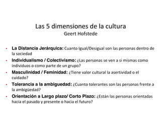 ▪ La Distancia Jerárquica: Cuanto	Igual/Desigual	son	las	personas	dentro	de	
la	sociedad
▪ Individualismo / Colectivismo: ¿Las	personas	se	ven	a	si	mismas	como	
individuos	o	como	parte	de	un	grupo?
▪ Masculinidad / Feminidad: ¿Tiene	valor	cultural	la	asertividad	o	el	
cuidado?
▪ Tolerancia a la ambiguedad: ¿Cuanto	tolerantes	son	las	personas	frente	a	
la	ambigüedad?
▪ Orientación a Largo plazo/ Corto Plazo: ¿Están	las	personas	orientadas	
hacia	el	pasado	y	presente	o	hacia	el	futuro?
Las	5	dimensiones	de	la	cultura
Geert	Hofstede
 