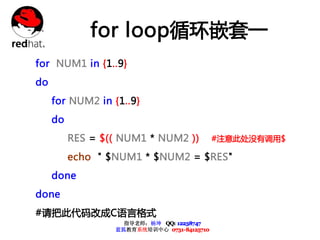 for loop循环嵌套一
for NUM1 in {1..9}
do
     for NUM2 in {1..9}
     do
          RES = $(( NUM1 * NUM2 ))           #注意此处没有调用$

          echo " $NUM1 * $NUM2 = $RES"
     done
done
#请把此代码改成C语言格式
                    指导老师：杨坤 QQ: 12238747
                  蓝狐教育系统培训中心 0731-84125710
 