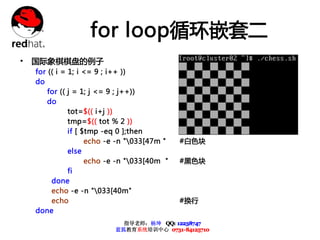 for loop循环嵌套二
• 国际象棋棋盘的例子
  for (( i = 1; i <= 9 ; i++ ))
  do
      for (( j = 1; j <= 9 ; j++))
      do
             tot=$(( i+j ))
             tmp=$(( tot % 2 ))
             if [ $tmp -eq 0 ];then
                   echo -e -n "033[47m "   #白色块
             else
                   echo -e -n "033[40m "   #黑色块
             fi
       done
       echo -e -n "033[40m"
       echo                                 #换行
  done
                           指导老师：杨坤 QQ: 12238747
                         蓝狐教育系统培训中心 0731-84125710
 