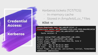 Credential
Access:
Kerberos
◦ Kerberos tickets (TGT/TGS):
◦ In-memory cache
◦ Stored in /tmp/krb5_cc_* ﬁles
◦ Klist -v
61
 
