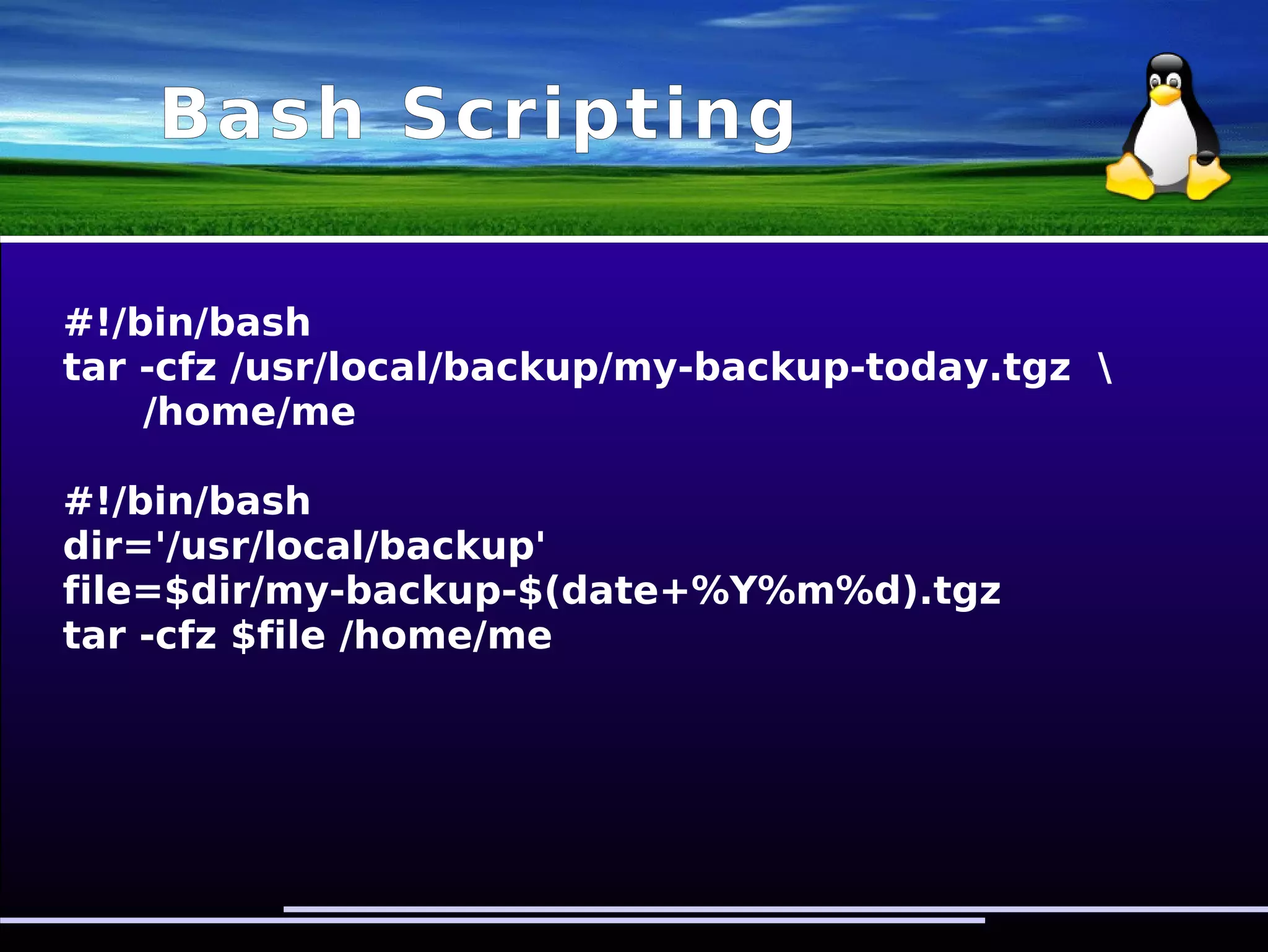 Bash Scripting
Pipes
ls -l | grep aha
ps aux | grep userx | awk '{print $2}'
cat filename | sed 's/krava/mlqko/g'
 