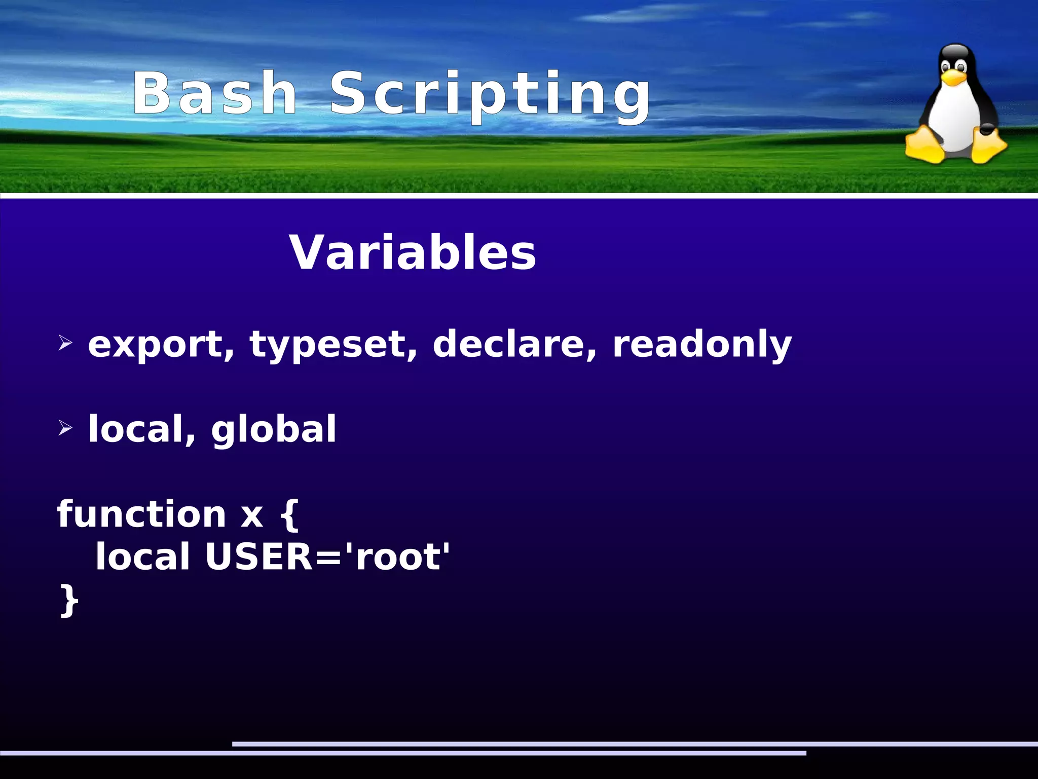 Bash Scripting
Variables
➢ export, typeset, declare, readonly
➢ local, global
function x {
local USER='root'
}
 