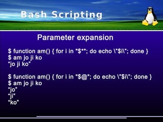 Bash Scripting
Bash substitutions (regexp)
hackman@terion:~$ a='pate.pate.patence.txt'
hackman@terion:~$ echo ${a/pate/kate}
kate.pate.patence.txt
hackman@terion:~$ echo ${a//pate/kate}
kate.kate.katence.txt
 