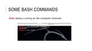 SOME BASH COMMANDS
Echo: places a string on the computer terminal.
 