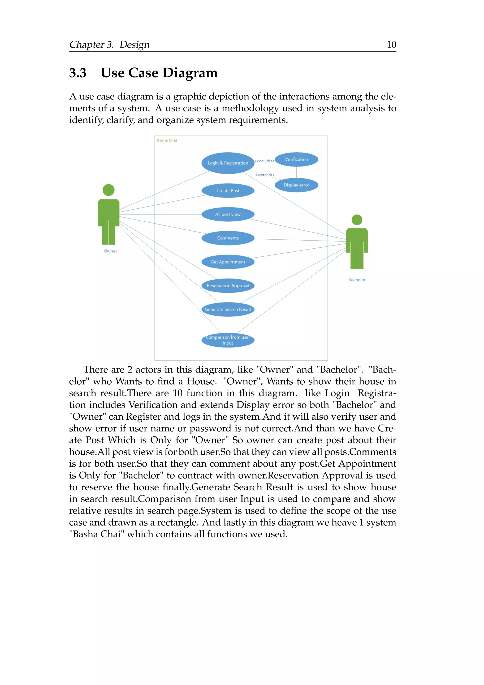 Chapter 3. Design 10
3.3 Use Case Diagram
A use case diagram is a graphic depiction of the interactions among the ele-
ments of a system. A use case is a methodology used in system analysis to
identify, clarify, and organize system requirements.
There are 2 actors in this diagram, like "Owner" and "Bachelor". "Bach-
elor" who Wants to ﬁnd a House. "Owner", Wants to show their house in
search result.There are 10 function in this diagram. like Login Registra-
tion includes Veriﬁcation and extends Display error so both "Bachelor" and
"Owner" can Register and logs in the system.And it will also verify user and
show error if user name or password is not correct.And than we have Cre-
ate Post Which is Only for "Owner" So owner can create post about their
house.All post view is for both user.So that they can view all posts.Comments
is for both user.So that they can comment about any post.Get Appointment
is Only for "Bachelor" to contract with owner.Reservation Approval is used
to reserve the house ﬁnally.Generate Search Result is used to show house
in search result.Comparison from user Input is used to compare and show
relative results in search page.System is used to deﬁne the scope of the use
case and drawn as a rectangle. And lastly in this diagram we heave 1 system
"Basha Chai" which contains all functions we used.
 