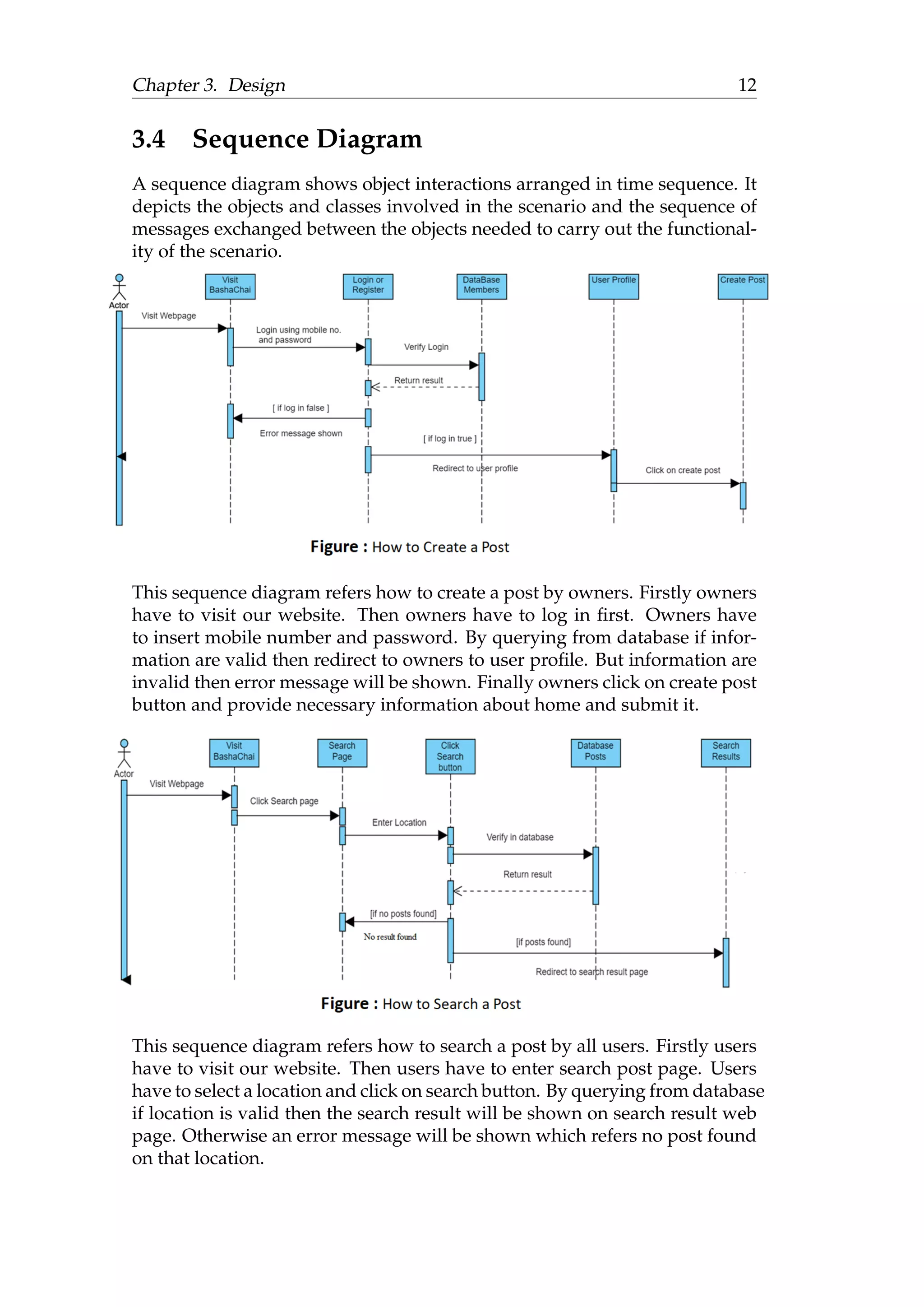 Chapter 3. Design 12
3.4 Sequence Diagram
A sequence diagram shows object interactions arranged in time sequence. It
depicts the objects and classes involved in the scenario and the sequence of
messages exchanged between the objects needed to carry out the functional-
ity of the scenario.
This sequence diagram refers how to create a post by owners. Firstly owners
have to visit our website. Then owners have to log in ﬁrst. Owners have
to insert mobile number and password. By querying from database if infor-
mation are valid then redirect to owners to user proﬁle. But information are
invalid then error message will be shown. Finally owners click on create post
button and provide necessary information about home and submit it.
This sequence diagram refers how to search a post by all users. Firstly users
have to visit our website. Then users have to enter search post page. Users
have to select a location and click on search button. By querying from database
if location is valid then the search result will be shown on search result web
page. Otherwise an error message will be shown which refers no post found
on that location.
 