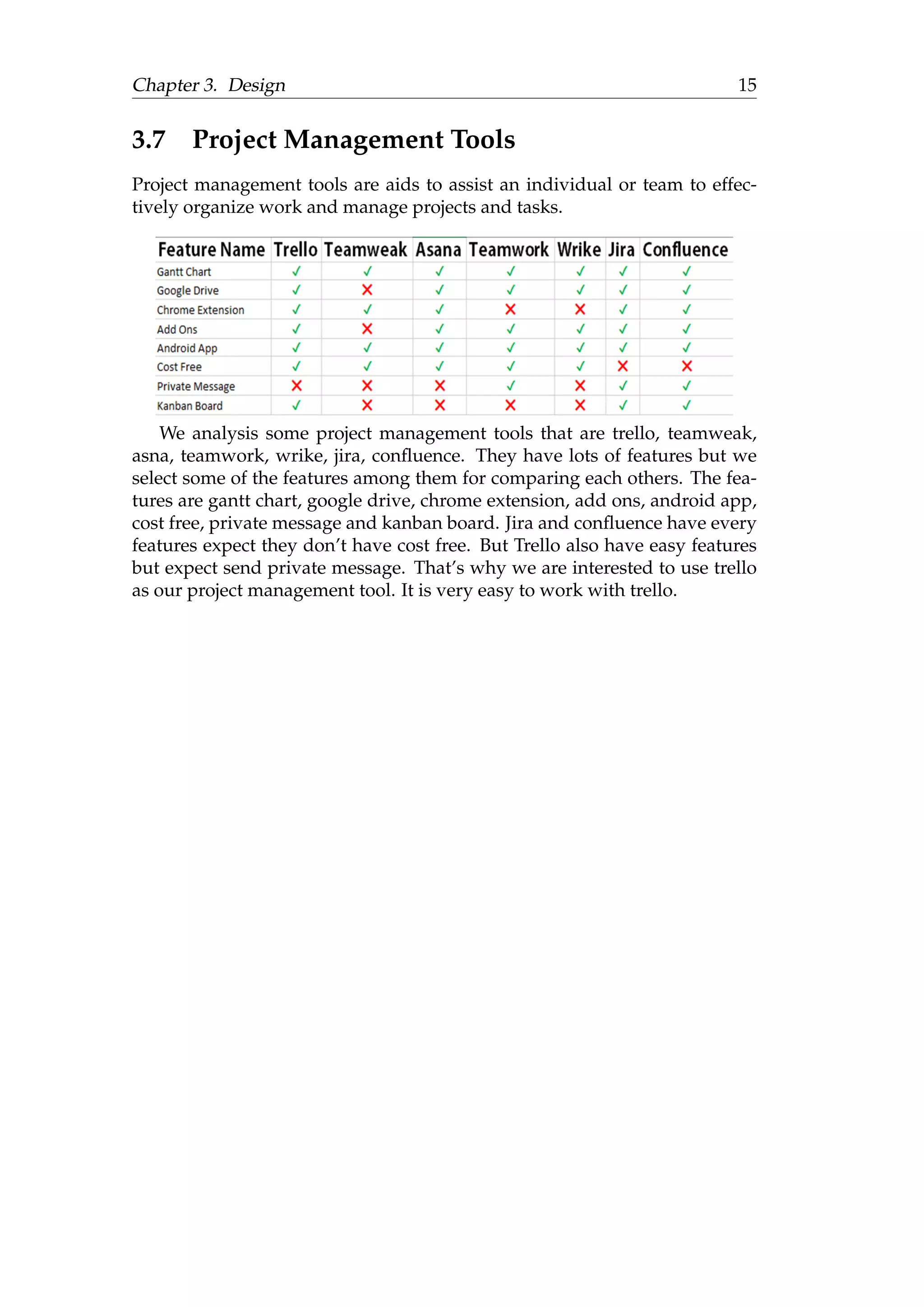 Chapter 3. Design 15
3.7 Project Management Tools
Project management tools are aids to assist an individual or team to effec-
tively organize work and manage projects and tasks.
We analysis some project management tools that are trello, teamweak,
asna, teamwork, wrike, jira, conﬂuence. They have lots of features but we
select some of the features among them for comparing each others. The fea-
tures are gantt chart, google drive, chrome extension, add ons, android app,
cost free, private message and kanban board. Jira and conﬂuence have every
features expect they don’t have cost free. But Trello also have easy features
but expect send private message. That’s why we are interested to use trello
as our project management tool. It is very easy to work with trello.
 