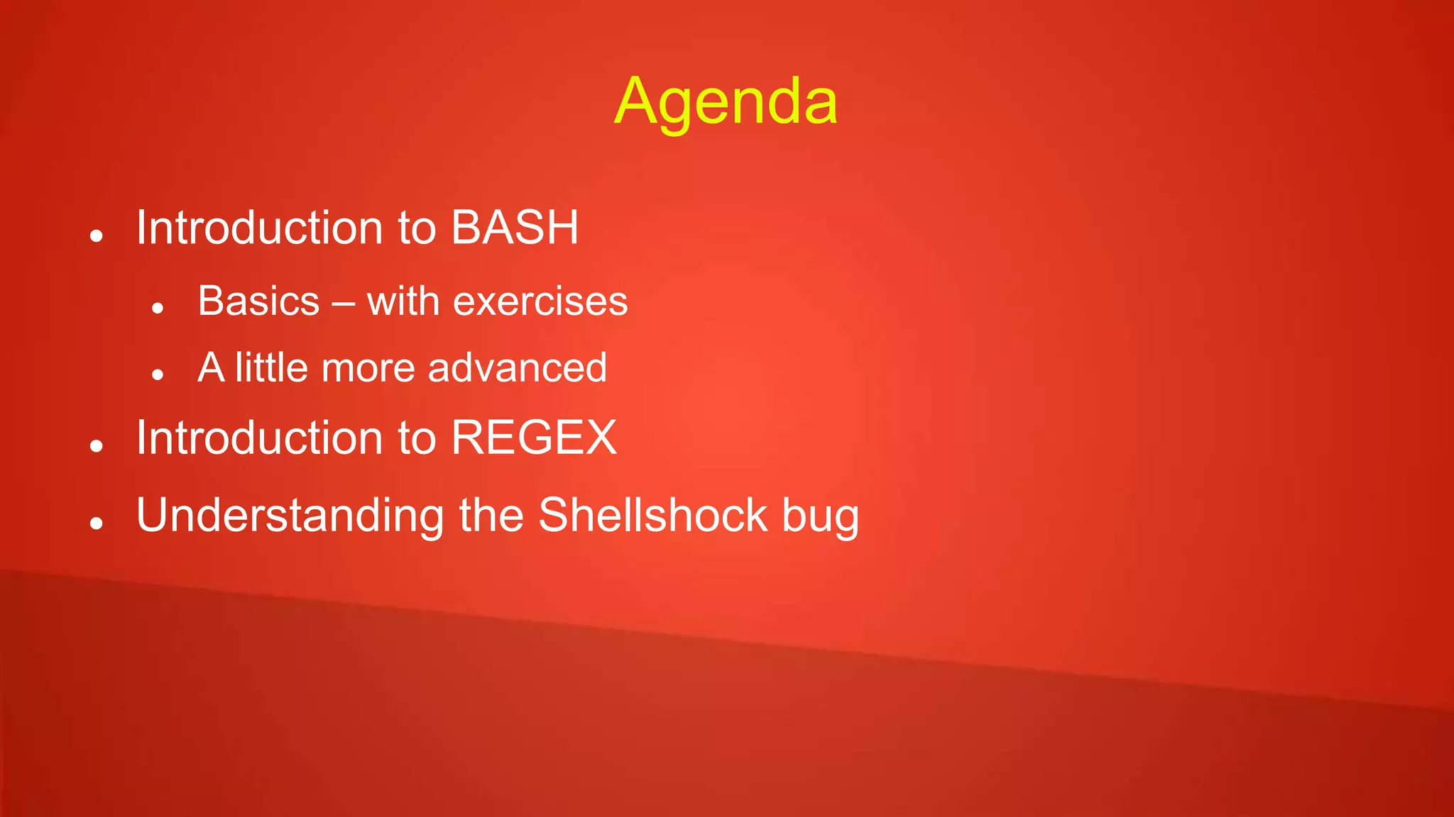 Agenda
 Introduction to BASH
 Basics – with exercises
 A little more advanced
 Introduction to REGEX
 Understanding the Shellshock bug
 