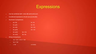 Expressions
 Can be combined with ! (not), && (and) and || (or)
 Conditional expressions should use [[ ]] (double)
 Nummeric Comparisons
 $a -lt $b $a < $b
 $a -gt $b $a > $b
 $a -le $b $a <= $b
 $a -ge $b $a >= $b
 $a -eq $b $a == $b
 $a -ne $b $a != $b
 String Comparisons
 “$a” = “$b” or “$a” == “$b”
 “$a” != “$b”
 -z “$a” a is empty
 