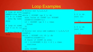 Loop Examples
# loop on array member
NAMES=(Joe Jenny Sara Tony)
for N in ${NAMES[@]} ; do
echo My name is $N
done
# loop on command output results
for f in $( ls *.sh /etc/localtime ) ;
do
echo "File is: $f"
done
COUNT=4
while [ $COUNT -gt 0 ]; do
echo Value of count is:
$COUNT
COUNT=$(($COUNT - 1))
done
COUNT=1
until [ $COUNT -gt 5 ]; do
echo Value of count is:
$COUNT
COUNT=$(($COUNT + 1))
done
# Prints out 0,1,2,3,4
COUNT=0
while [ $COUNT -ge 0 ]; do
echo Value of COUNT is: $COUNT
COUNT=$((COUNT+1))
if [ $COUNT -ge 5 ] ; then
break
fi
done
# Prints out only odd numbers - 1,3,5,7,9
COUNT=0
while [ $COUNT -lt 10 ]; do
COUNT=$((COUNT+1))
# Check if COUNT is even
if [ $(($COUNT % 2)) = 0 ] ; then
continue
fi
echo $COUNT
done
 