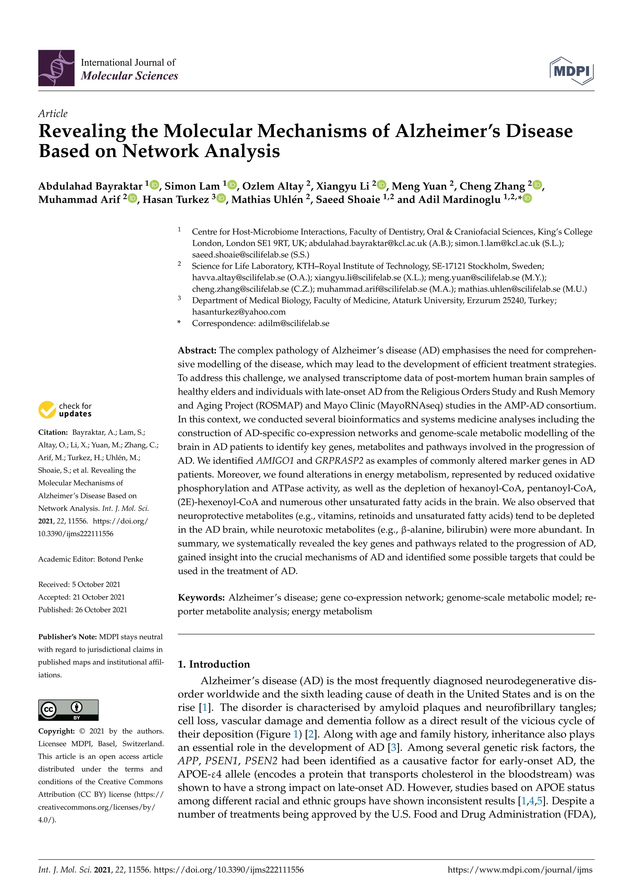 Revealing the Molecular Mechanisms of Alzheimer’s Disease Based on ...