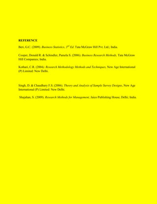 REFERENCE
Beri, G.C. (2009). Business Statistics, 3rd
Ed. Tata McGraw Hill Pvt. Ltd.; India.
Cooper, Donald R. & Schindler, Pamela S. (2006). Business Research Methods, Tata McGraw
Hill Companies; India.
Kothari, C.R. (2004). Research Methodology Methods and Techniques, New Age International
(P) Limited: New Delhi.
Singh, D. & Chaudhary F.S. (2006). Theory and Analysis of Sample Survey Designs, New Age
International (P) Limited: New Delhi.
Shajahan, S. (2009). Research Methods for Management, Jaico Publishing House, Delhi; India.
 