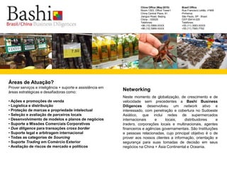 Brazil OfficeRua Francisco Leitão, nº469 PinheirosSão Paulo, SP - BrasilCEP 05414-025 Telefones: +55 (11) 3063-XXXX+55 (11) 7565-7762       China Office (May-2010)Room 1303, Office Tower1China Central Place, 81Jianguo Road, BeijingChina - 100025 Telefones:  +86 (10) 5969-XXXX+86 (10) 5969-XXXX巴西中国工商Áreas de Atuação?Prover serviços e inteligência + suporte e assistência em áreas estratégicas e desafiadoras como: Ações e promoções de venda