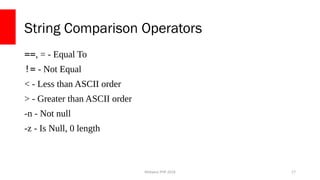 Midwest PHP 2018
String Comparison Operators
==, = - Equal To
!= - Not Equal
< - Less than ASCII order
> - Greater than AS...