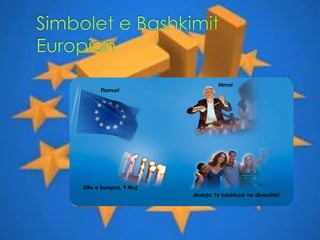 Flamuri
Himni
Dita e Europes, 9 Maj
Motoja: Te bashkuar ne diversitet!
 