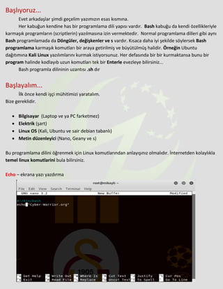 Başlıyoruz...
Evet arkadaşlar şimdi geçelim yazımızın esas kısmına.
Her kabuğun kendine has bir programlama dili yapısı vardır. Bash kabuğu da kendi özellikleriyle
karmaşık programların (scriptlerin) yazılmasına izin vermektedir. Normal programlama dilleri gibi aynı
Bash programlamada da Döngüler, değişkenler ve s vardır. Kısaca daha iyi şekilde söylersek Bash
programlama karmaşık komutları bir araya getirilmiş ve büyütülmüş halidir. Örneğin Ubuntu
dağıtımına Kali Linux yazılımlarını kurmak istiyorsunuz. Her defasında bir bir kurmaktansa bunu bir
program halinde kodlayıb uzun komutları tek bir Enterle evezleye bilirsiniz...
Bash programla dilininin uzantısı .sh dır
Başlayalım...
İlk önce kendi işçi mühitimizi yaratalım.
Bize gereklidir.
• Bilgisayar (Laptop ve ya PC farketmez)
• Elektrik (şart)
• Linux OS (Kali, Ubuntu ve sair debian tabanlı)
• Metin düzenleyici (Nano, Geany ve s)
Bu programlama dilini öğrenmek için Linux komutlarından anlayışınız olmalıdır. İnternetden kolaylıkla
temel linux komutlarini bula bilirsiniz.
Echo – ekrana yazı yazdırma
 