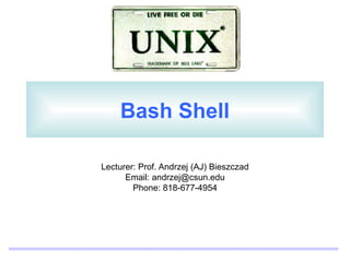 Bash Shell

Lecturer: Prof. Andrzej (AJ) Bieszczad
      Email: andrzej@csun.edu
        Phone: 818-677-4954
 