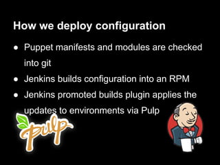 How we deploy configuration
● Puppet manifests and modules are checked
  into git
● Jenkins builds configuration into an RPM
● Jenkins promoted builds plugin applies the
  updates to environments via Pulp
 