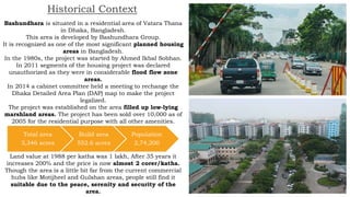 Bashundhara is situated in a residential area of Vatara Thana
in Dhaka, Bangladesh.
This area is developed by Bashundhara Group.
It is recognized as one of the most significant planned housing
areas in Bangladesh.
In the 1980s, the project was started by Ahmed Ikbal Sobhan.
In 2011 segments of the housing project was declared
unauthorized as they were in considerable flood flow zone
areas.
In 2014 a cabinet committee held a meeting to rechange the
Dhaka Detailed Area Plan (DAP) map to make the project
legalized.
The project was established on the area filled up low-lying
marshland areas. The project has been sold over 10,000 as of
2005 for the residential purpose with all other amenities.
Land value at 1988 per katha was 1 lakh, After 35 years it
increases 200% and the price is now almost 2 corer/katha.
Though the area is a little bit far from the current commercial
hubs like Motijheel and Gulshan areas, people still find it
suitable due to the peace, serenity and security of the
area.
Historical Context
Total area
3,346 acres
Build area
552.6 acres
Population
2,74,200
 
