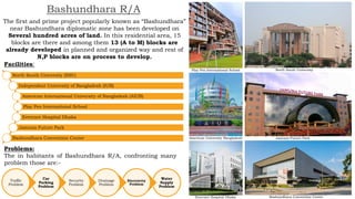 Water
Supply
Problem
Electricity
Problem
Drainage
Problem
Security
Problem
Car
Parking
Problem
Traffic
Problem
The first and prime project popularly known as “Bashundhara”
near Bashundhara diplomatic zone has been developed on
Several hundred acres of land. In this residential area, 15
blocks are there and among them 13 (A to M) blocks are
already developed in planned and organized way and rest of
N,P blocks are on process to develop.
Bashundhara R/A
Facilities:
Problems:
The in habitants of Bashundhara R/A, confronting many
problem those are:-
Play Pen International School North South University
Jamuna Future Park
Bashundhara Convention Center
American University Bangladesh
Evercare Hospital Dhaka
North South University (NSU)
Independent University of Bangladesh (IUB)
American International University of Bangladesh (AIUB)
Play Pen International School
Evercare Hospital Dhaka
Jamuna Future Park
Bashundhara Convention Center
 